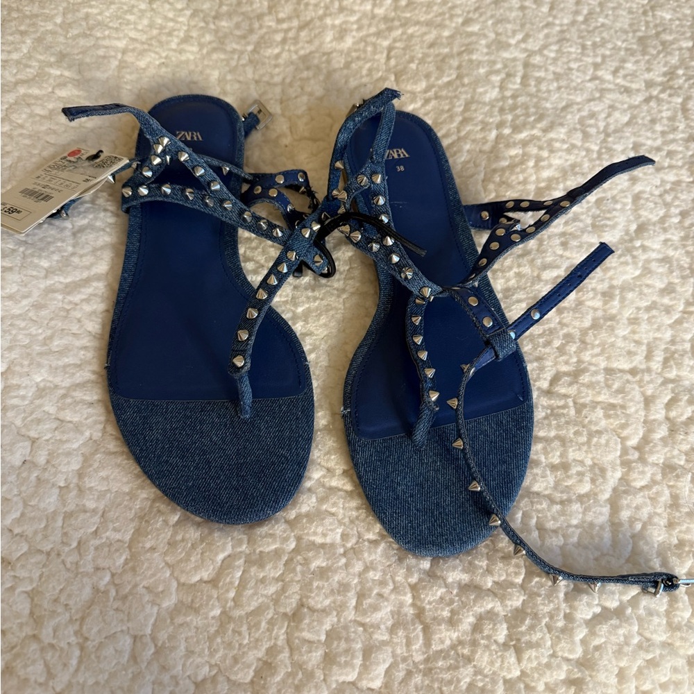 Zara Denim Blue Studded Sandals